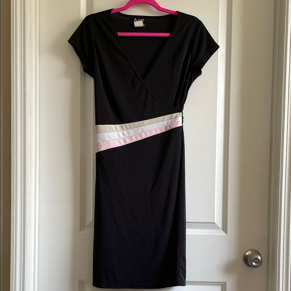 Vintage 90s retro Black wrap Dress w/mod stripe junior 14 women XS Barbie core